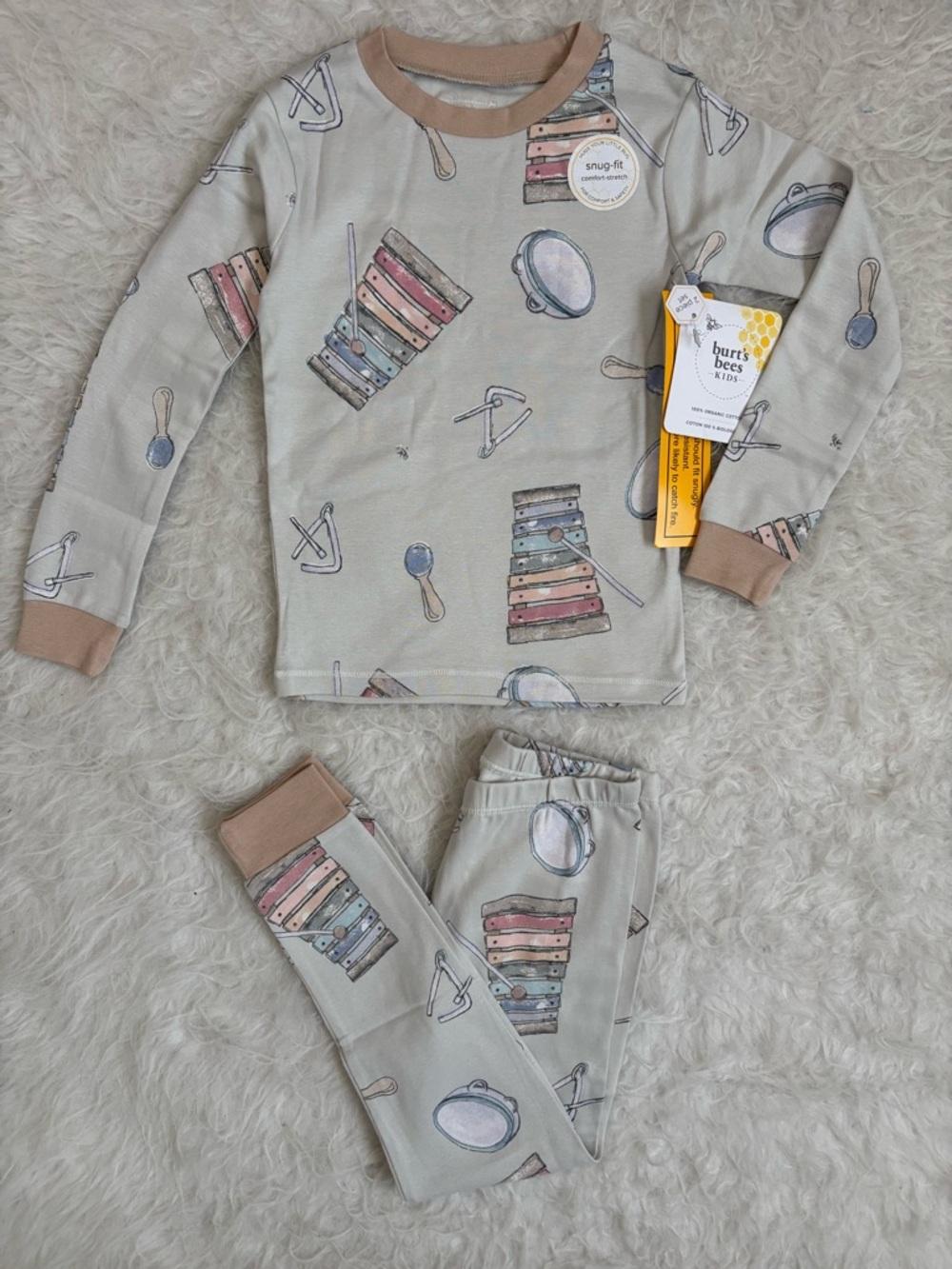 Burt's Bees NWT Gender Neutral Taupe Pajama Set with Musical Instrument AOP